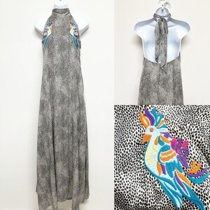 Judith March Womens Dot Print Embroidered Birds of Paradise Halter Maxi Dress